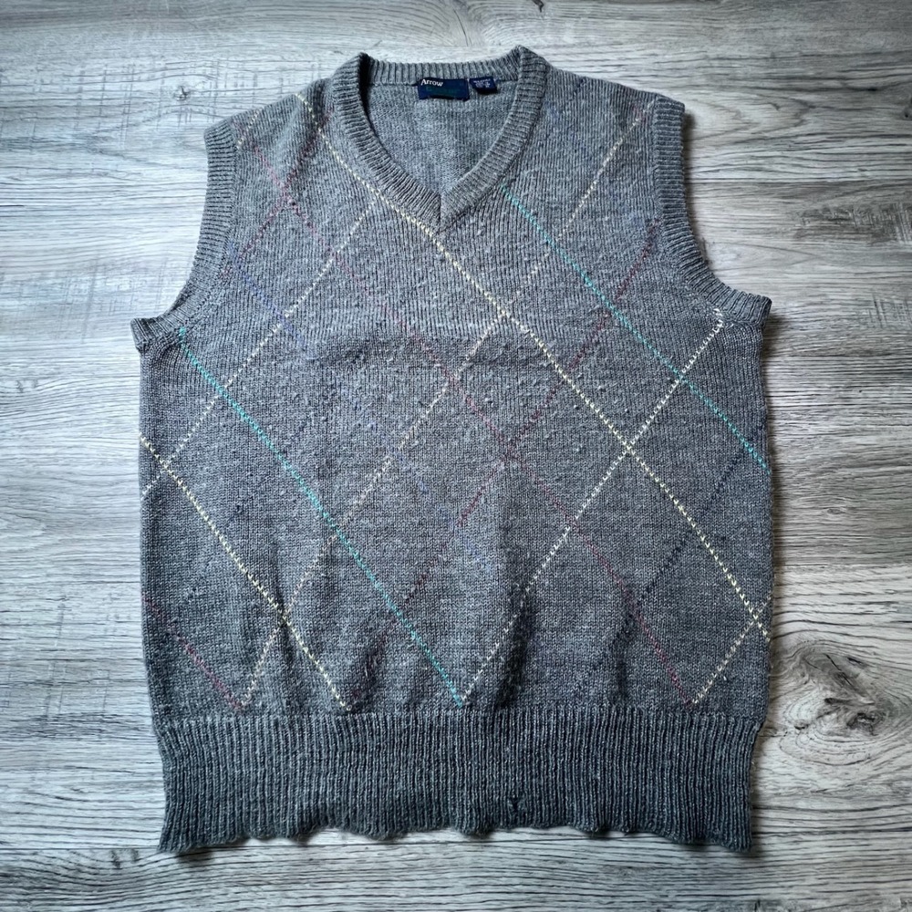 Arrow‎ Sweater Vest Mens XL Grey Argyle V-Neck Blazer Collection Knit Vintage